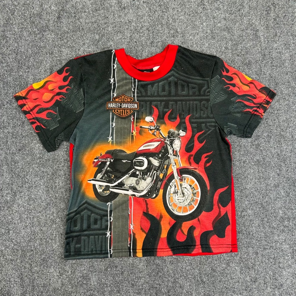 Harley Davidson Kids Red Black Flame Motorcycle Graphic T-Shirt Size L